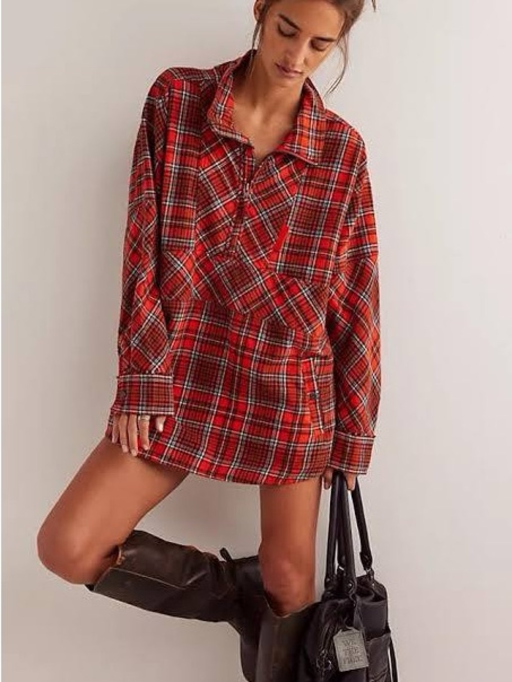 Red Plaid Oversized Tunic Shirt